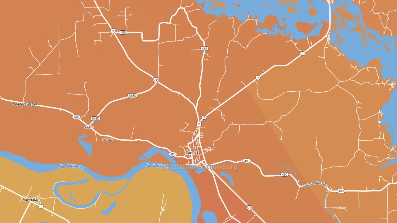 Map of the best neighborhoods in the Campti area, with better matches in green and worse matches in red