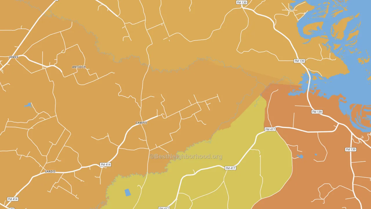 Map of the best neighborhoods in the Campti area, with better matches in green and worse matches in red
