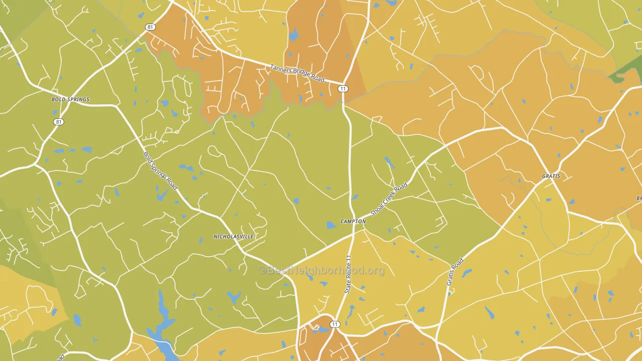 Map of the best neighborhoods in the Campton area, with better matches in green and worse matches in red
