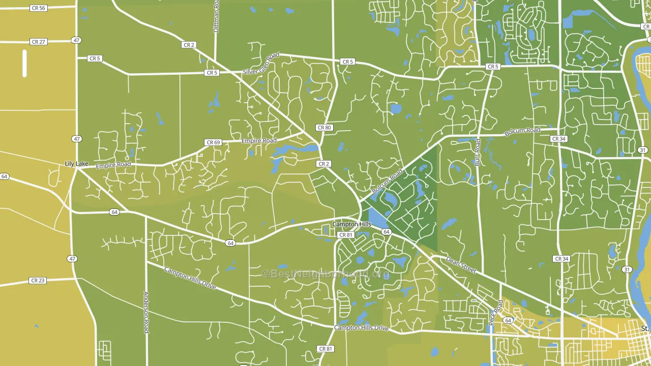 Map of the best neighborhoods in the Campton Hills area, with better matches in green and worse matches in red