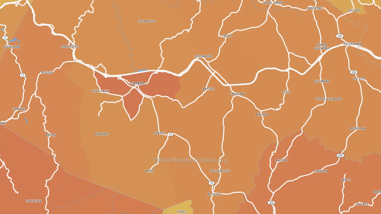 Map of the best neighborhoods in the Campton area, with better matches in green and worse matches in red