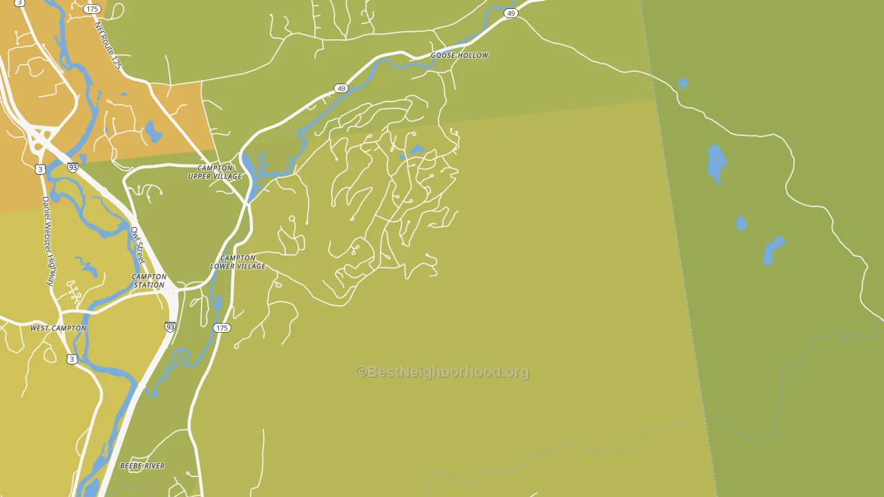 Map of the best neighborhoods in the Campton Lower Village area, with better matches in green and worse matches in red
