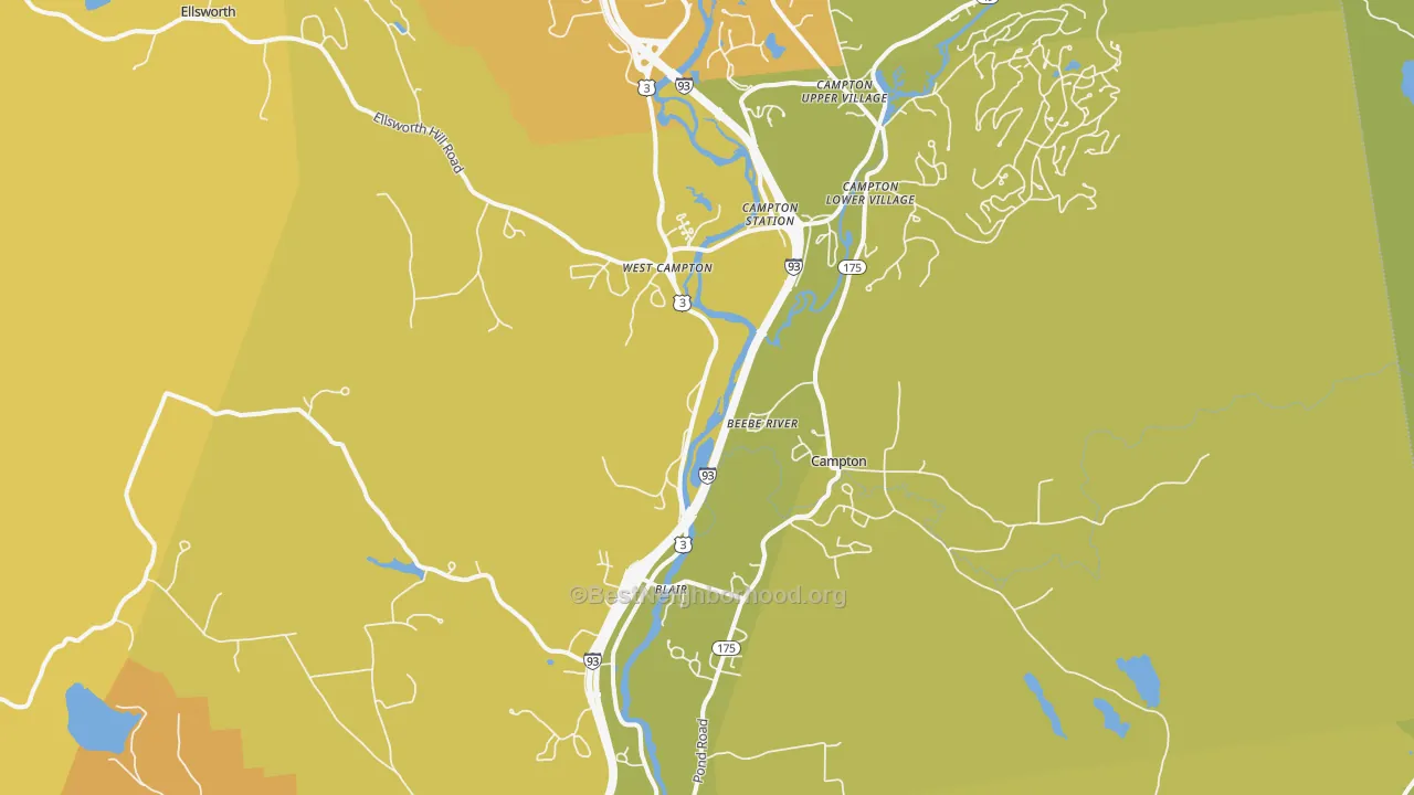 Map of the best neighborhoods in the Campton area, with better matches in green and worse matches in red