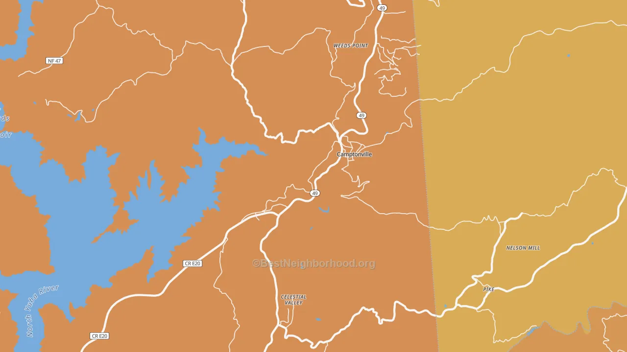 Map of the best neighborhoods in the Camptonville area, with better matches in green and worse matches in red