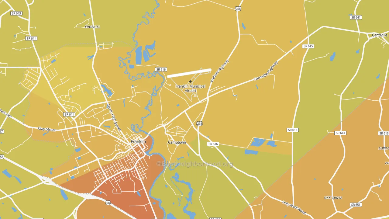 Map of the best neighborhoods in the Camptown area, with better matches in green and worse matches in red
