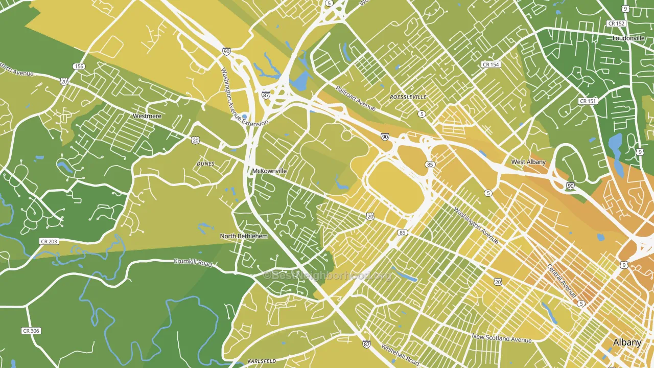 Map of the best neighborhoods in the Campus Area, Albany area, with better matches in green and worse matches in red
