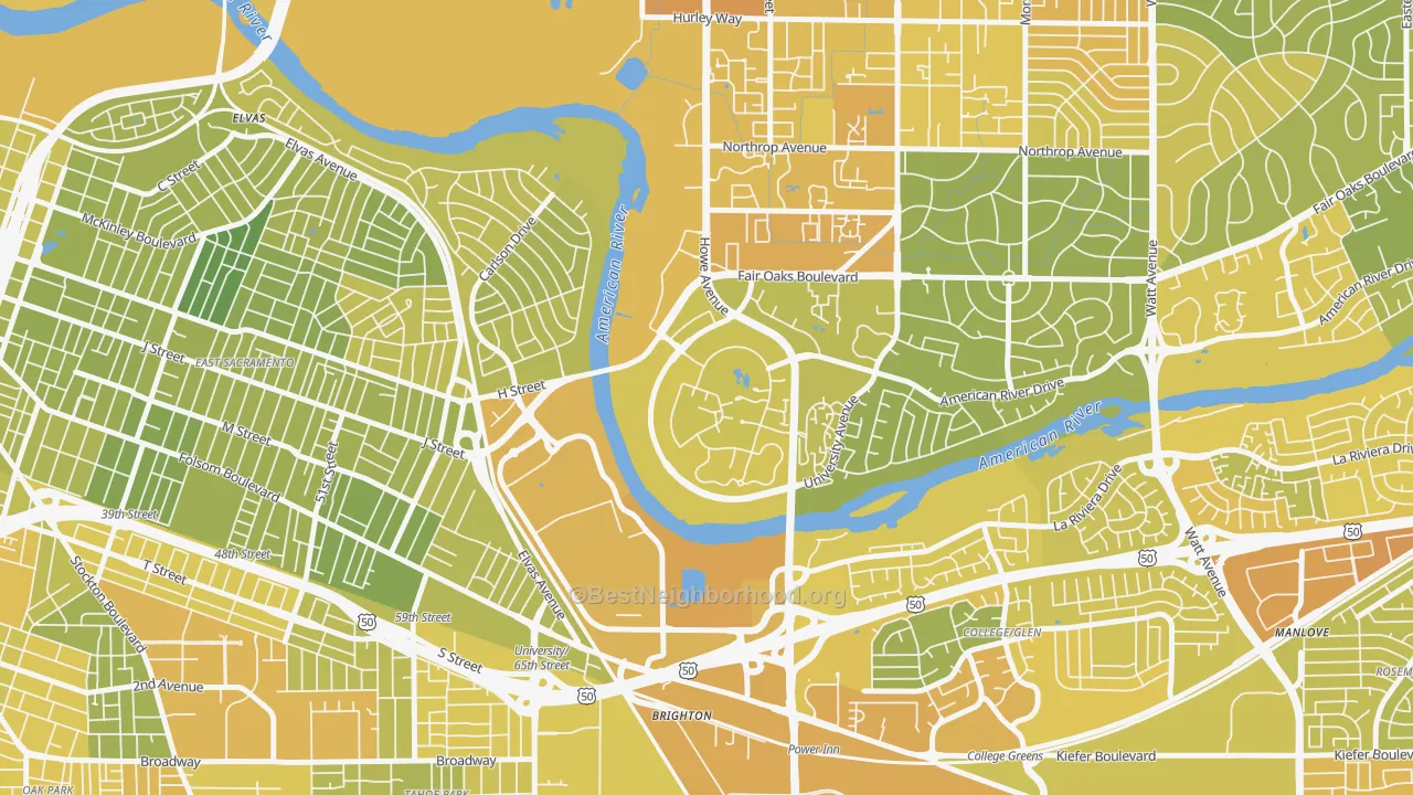Map of the best neighborhoods in the Campus Commons, Sacramento area, with better matches in green and worse matches in red