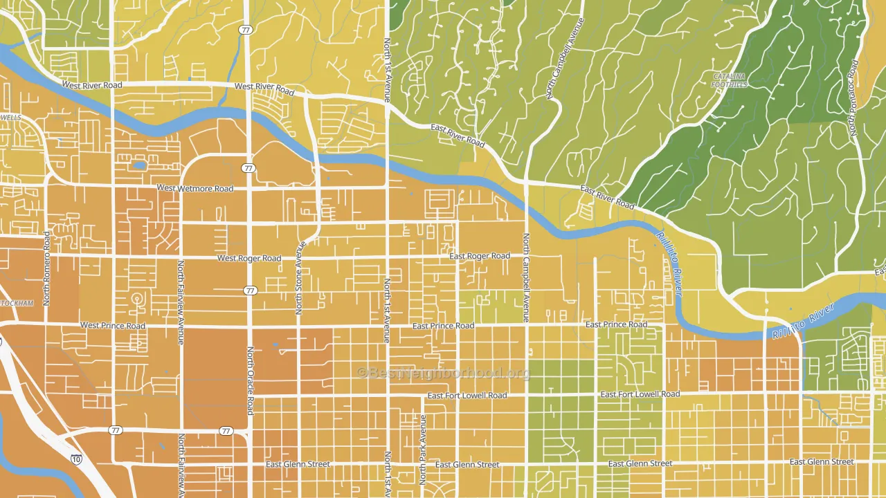 Map of the best neighborhoods in the Campus Farm, Tucson area, with better matches in green and worse matches in red