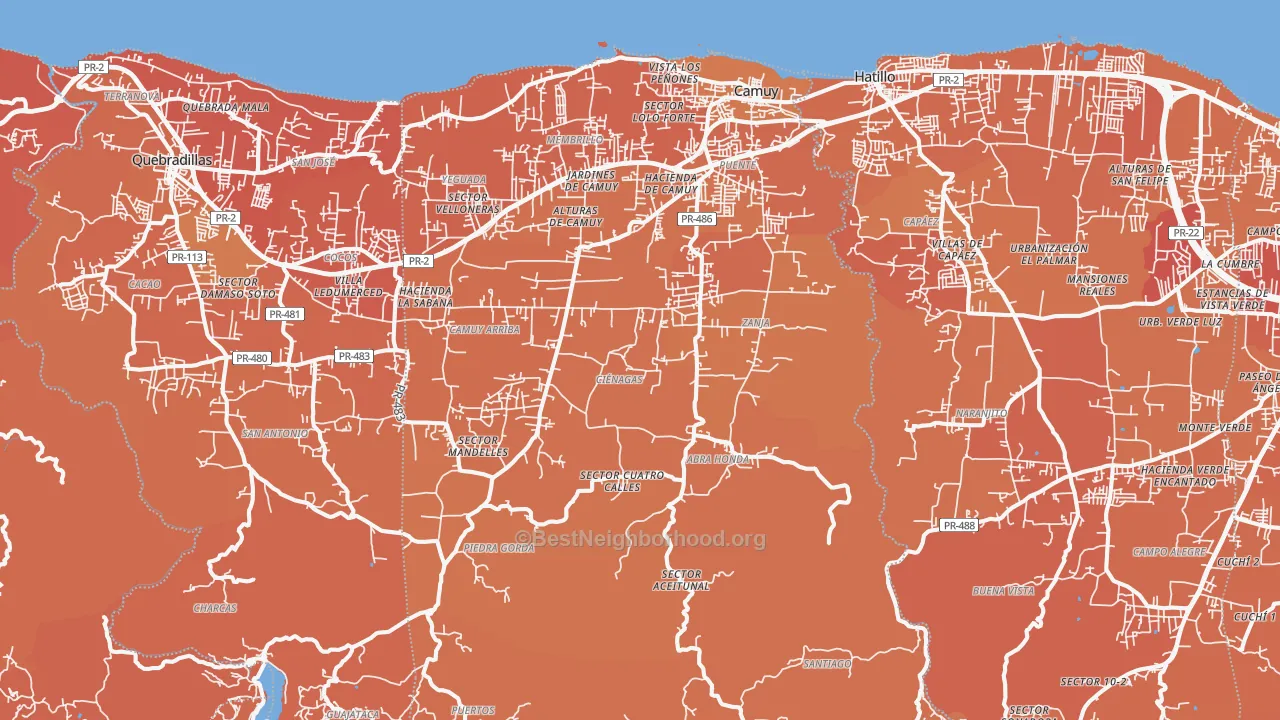 Map of the best neighborhoods in the Camuy Municipio area, with better matches in green and worse matches in red