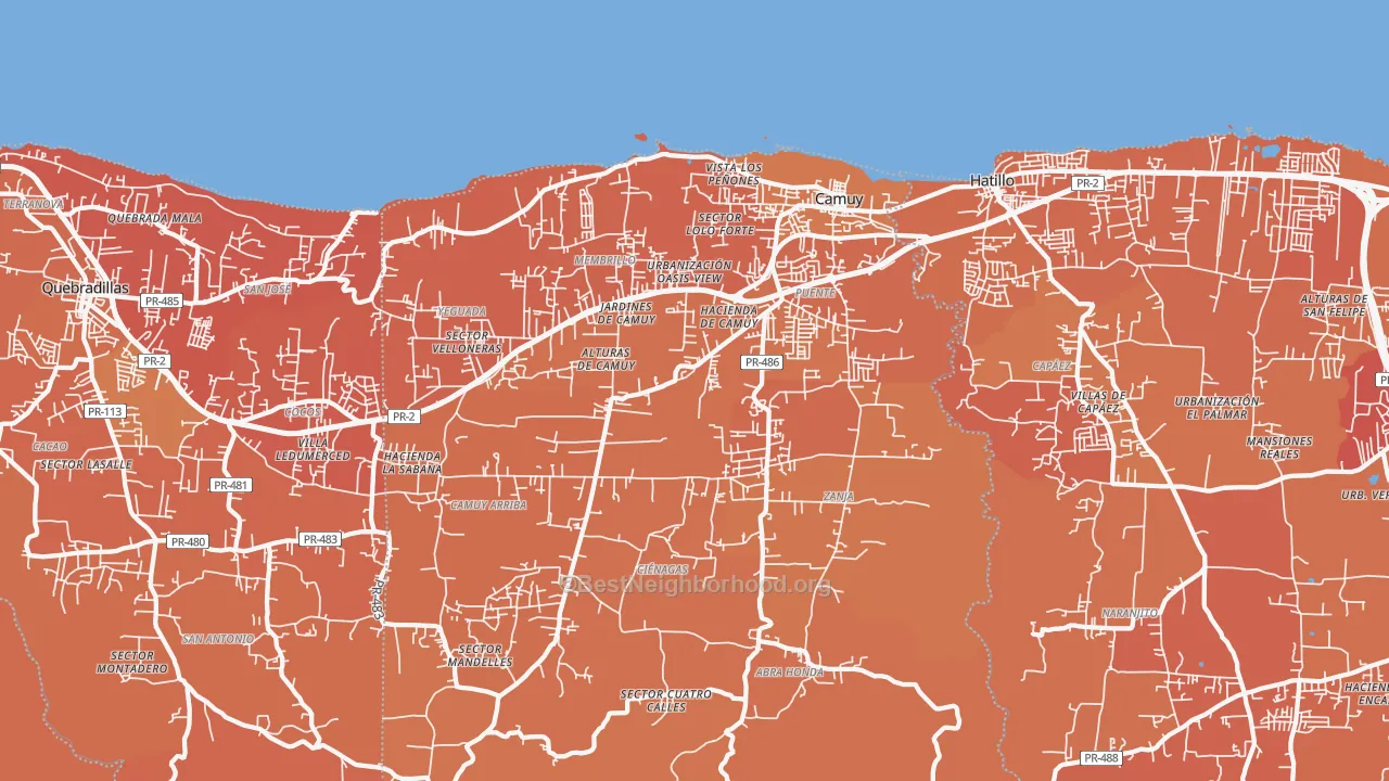 Map of the best neighborhoods in the Camuy area, with better matches in green and worse matches in red