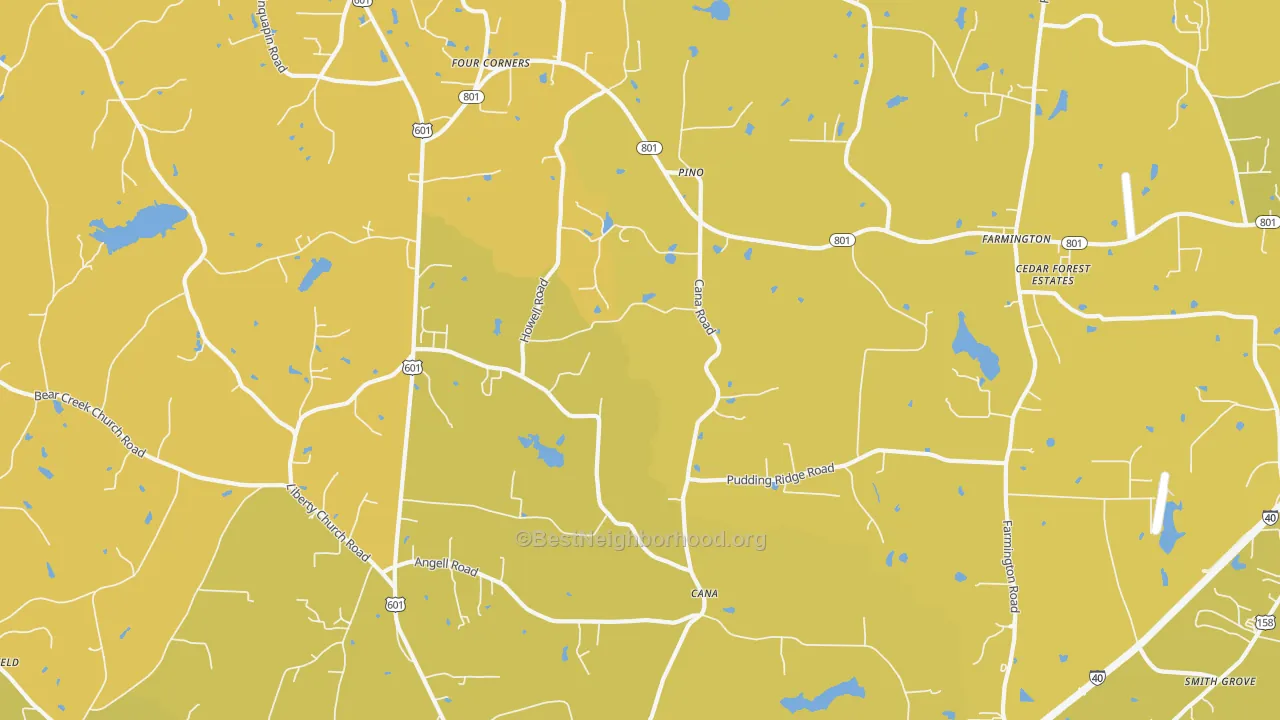 Map of the best neighborhoods in the Cana area, with better matches in green and worse matches in red
