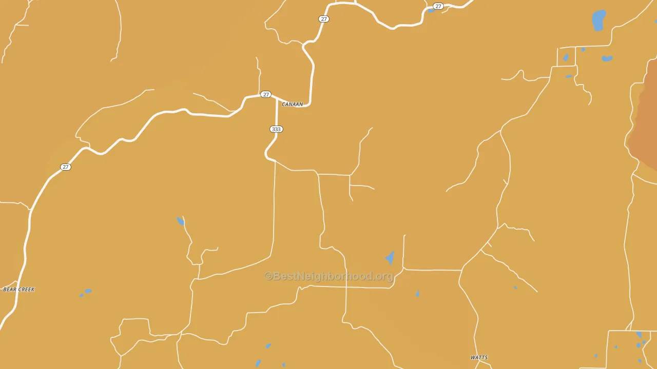 Map of the best neighborhoods in the Canaan area, with better matches in green and worse matches in red