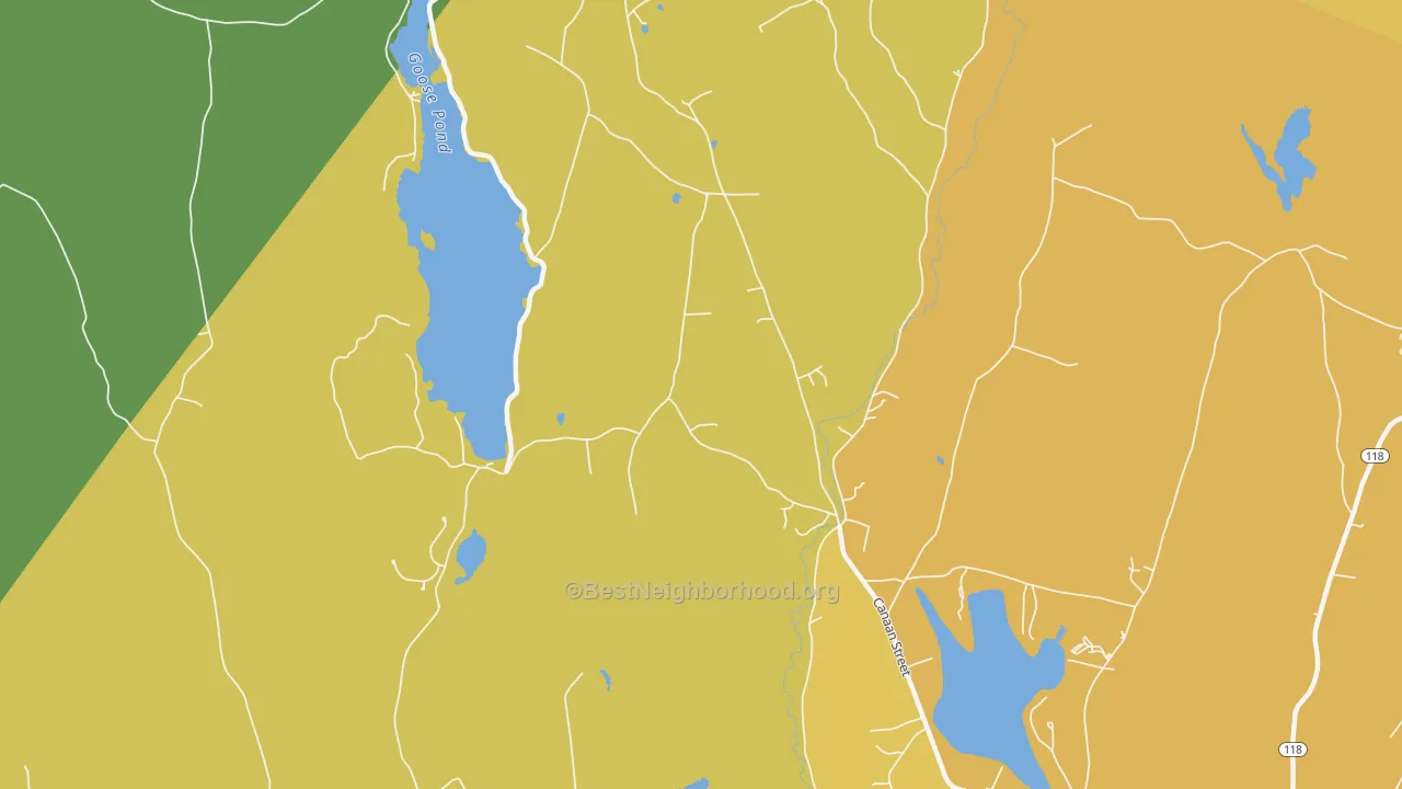Map of the best neighborhoods in the Canaan Center area, with better matches in green and worse matches in red