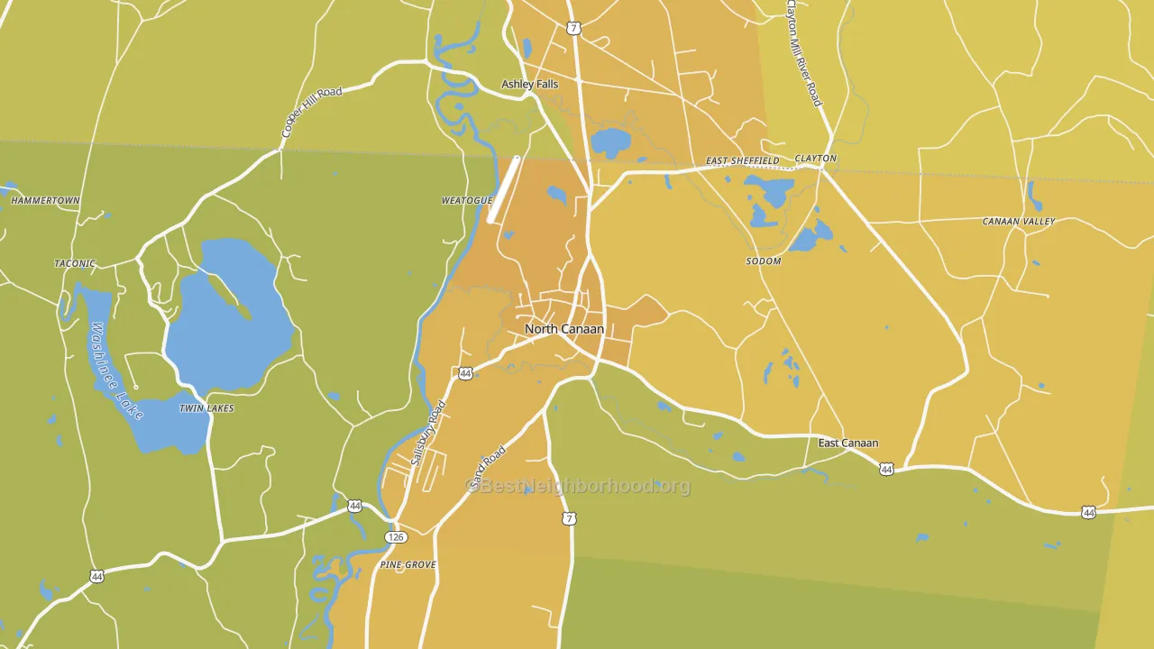 Map of the best neighborhoods in the Canaan area, with better matches in green and worse matches in red