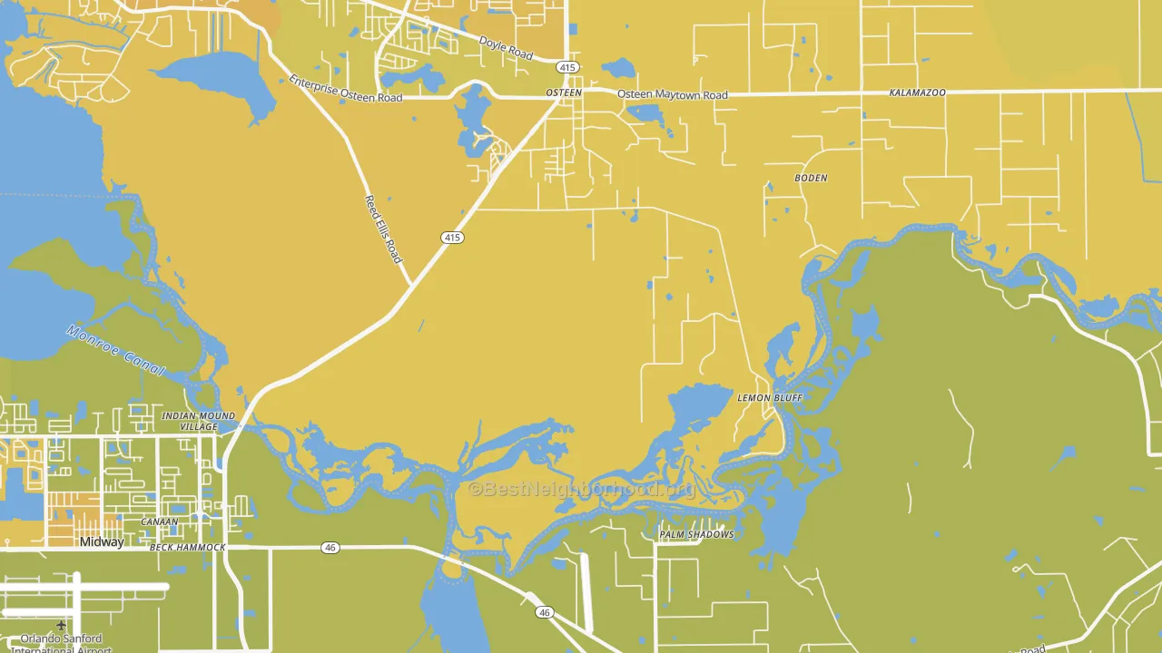 Map of the best neighborhoods in the Canaan area, with better matches in green and worse matches in red