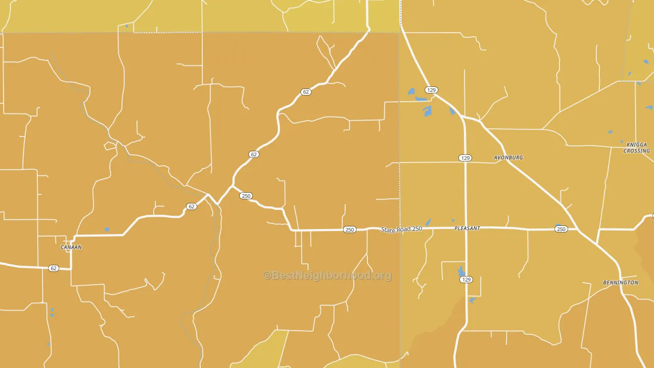 Map of the best neighborhoods in the Canaan area, with better matches in green and worse matches in red