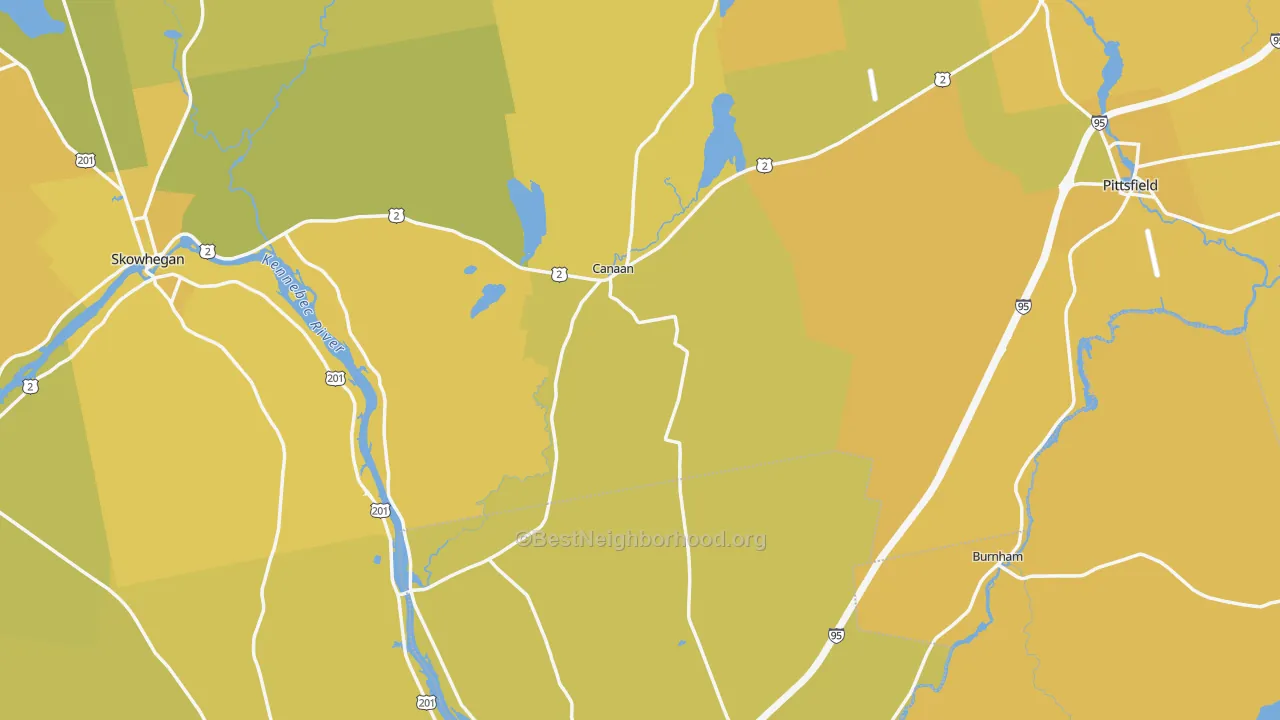 Map of the best neighborhoods in the Canaan area, with better matches in green and worse matches in red