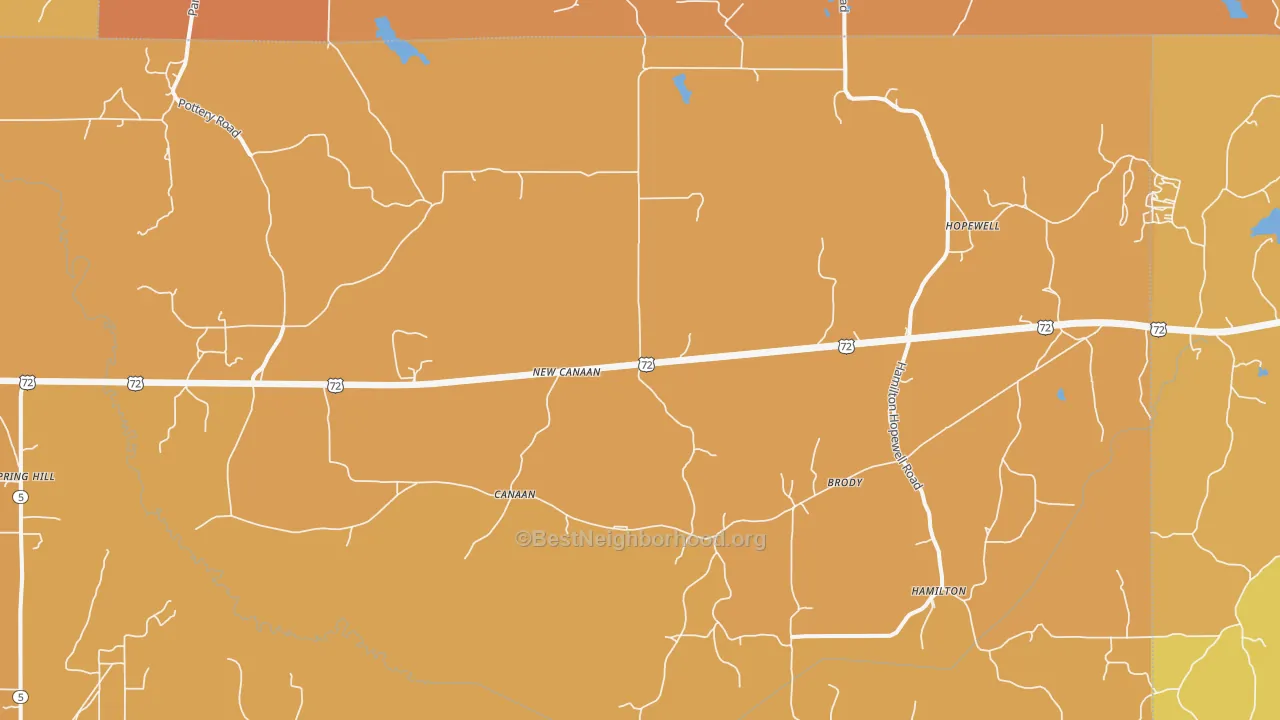 Map of the best neighborhoods in the Canaan area, with better matches in green and worse matches in red