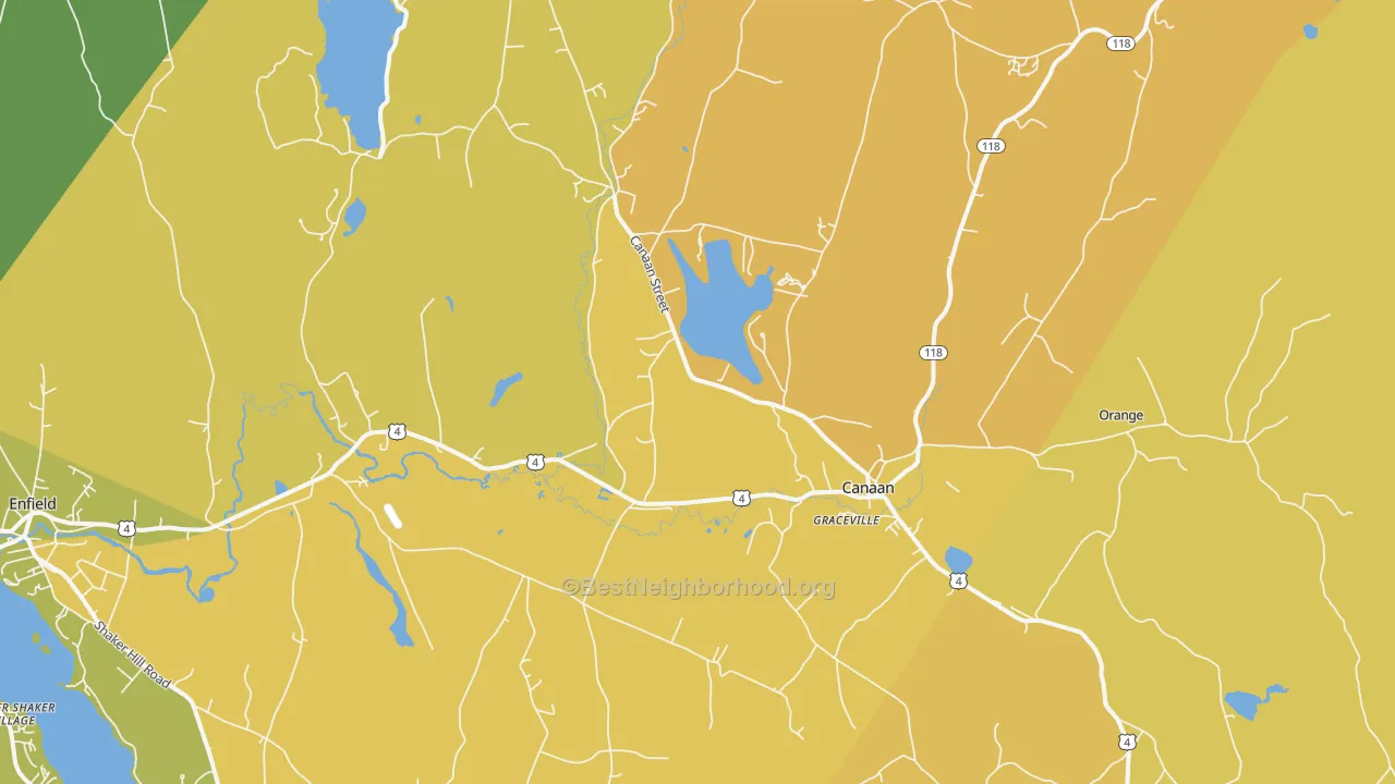 Map of the best neighborhoods in the Canaan area, with better matches in green and worse matches in red