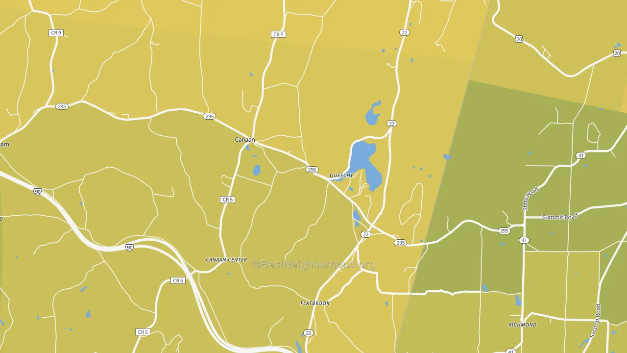Map of the best neighborhoods in the Canaan area, with better matches in green and worse matches in red