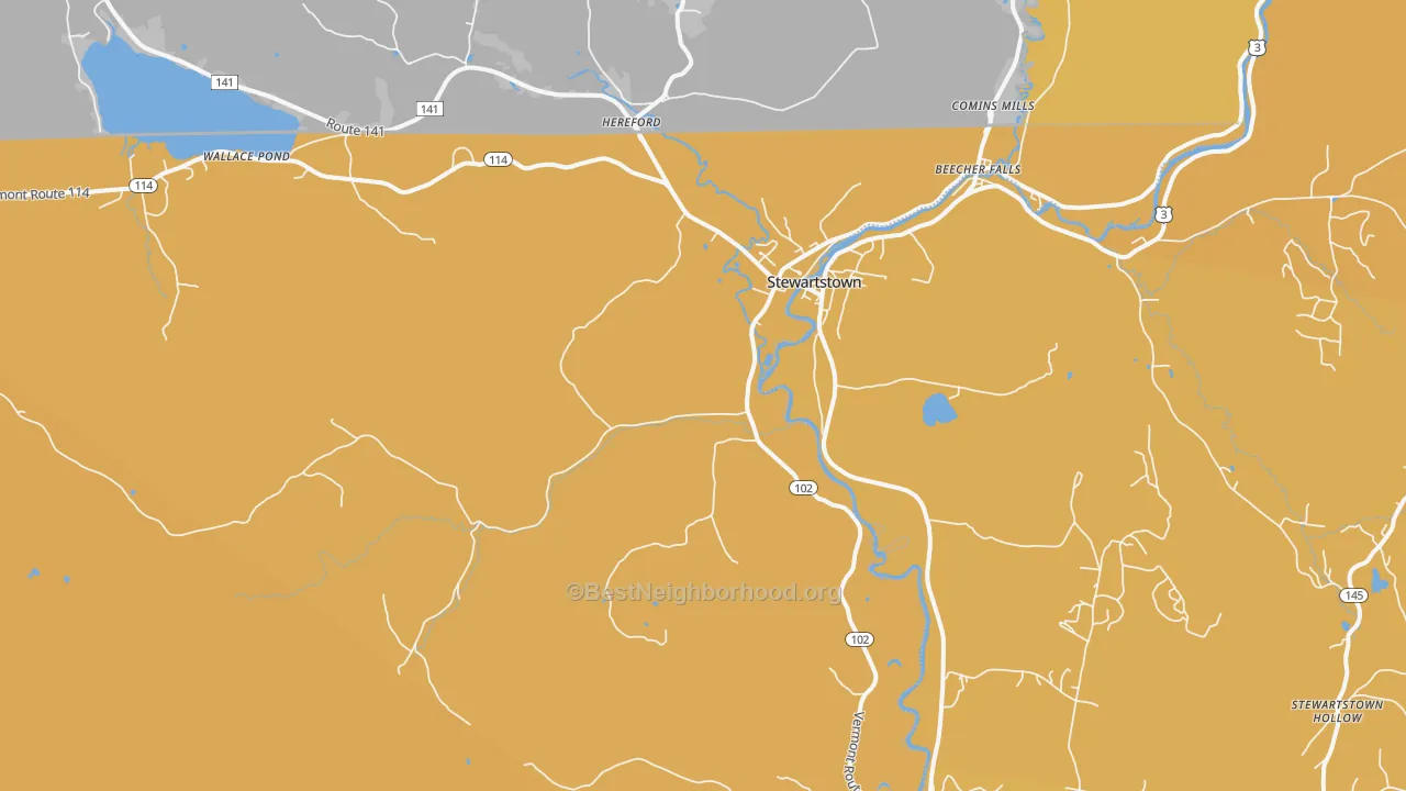 Map of the best neighborhoods in the Canaan area, with better matches in green and worse matches in red