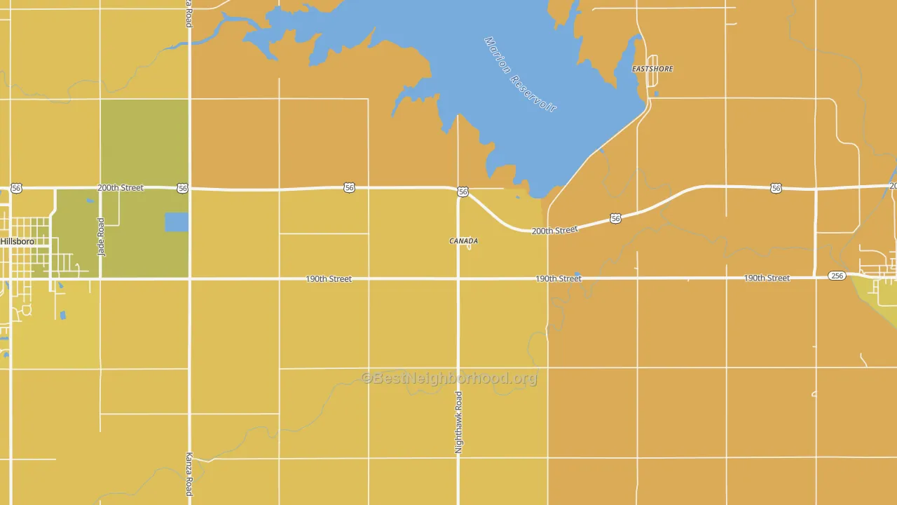 Map of the best neighborhoods in the Canada area, with better matches in green and worse matches in red