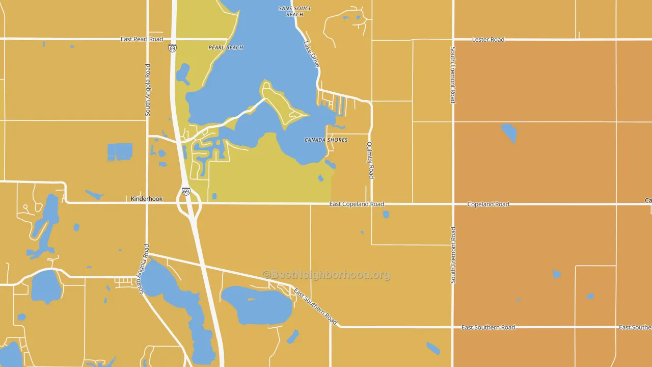 Map of the best neighborhoods in the Canada Shores area, with better matches in green and worse matches in red