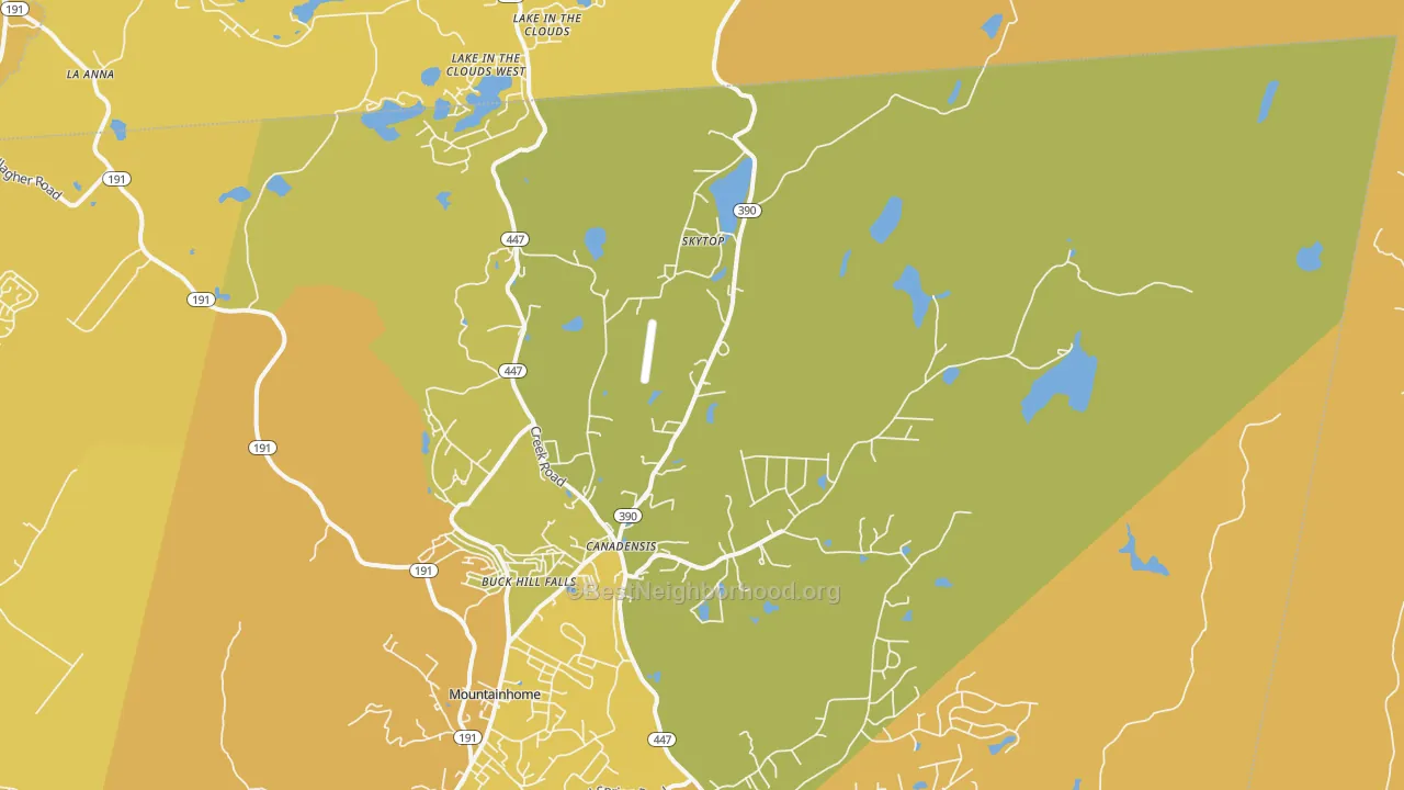 Map of the best neighborhoods in the Canadensis area, with better matches in green and worse matches in red