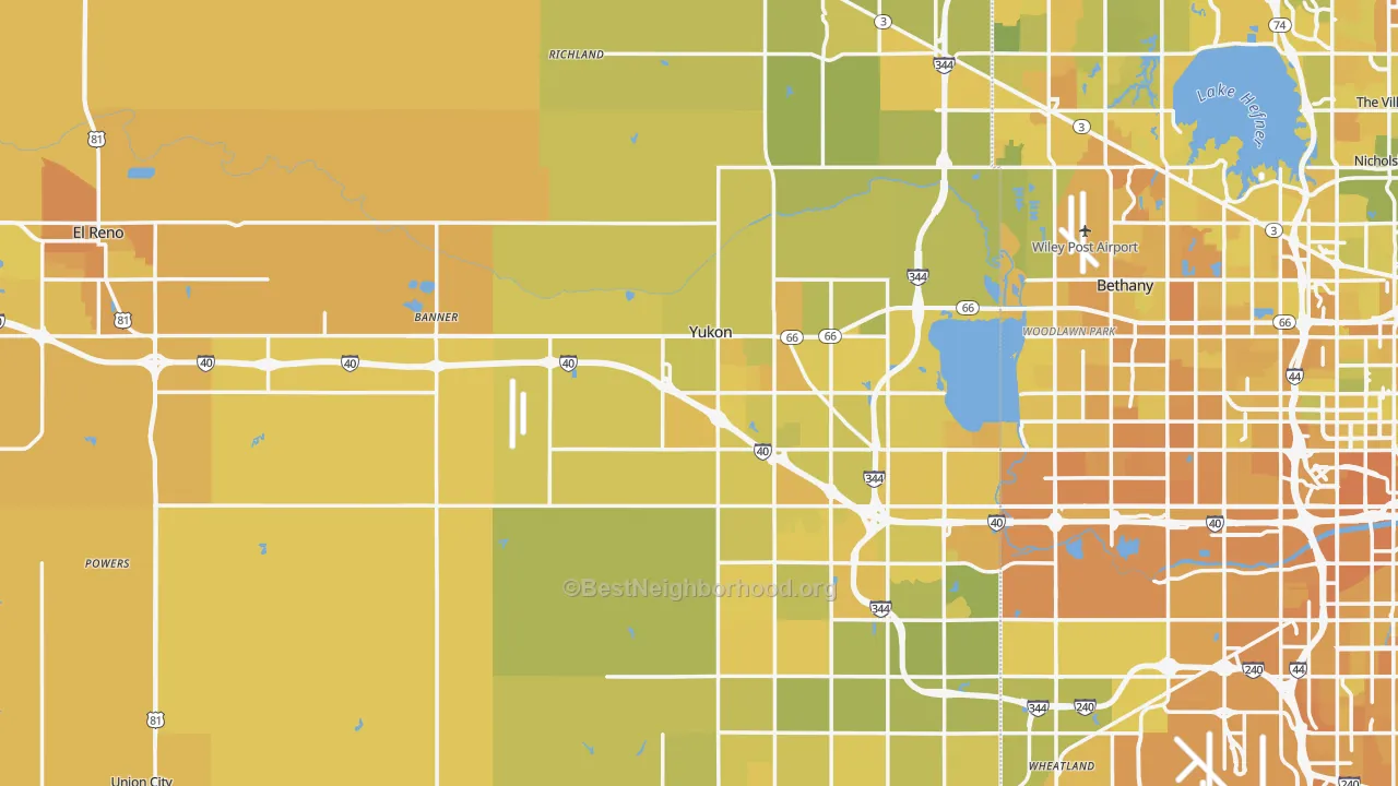 Map of the best neighborhoods in the Canadian County area, with better matches in green and worse matches in red
