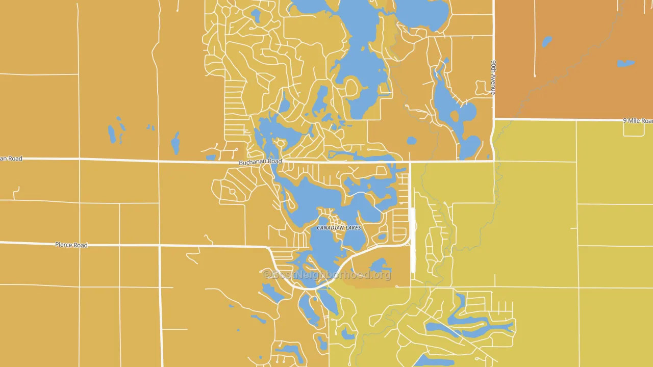 Map of the best neighborhoods in the Canadian Lakes area, with better matches in green and worse matches in red