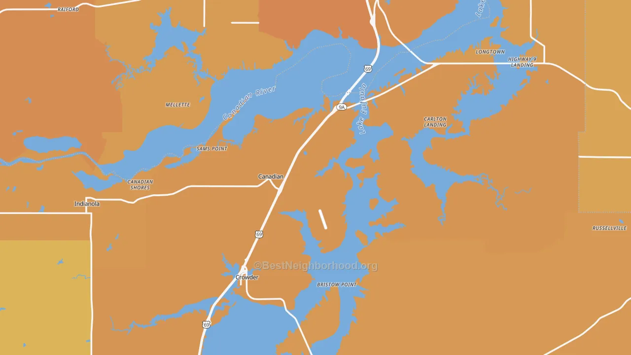Map of the best neighborhoods in the Canadian area, with better matches in green and worse matches in red