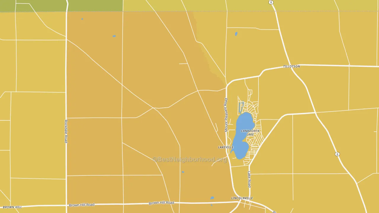 Map of the best neighborhoods in the Canadohta Lake area, with better matches in green and worse matches in red