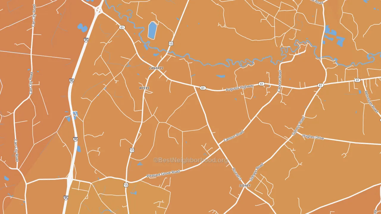 Map of the best neighborhoods in the Canadys area, with better matches in green and worse matches in red