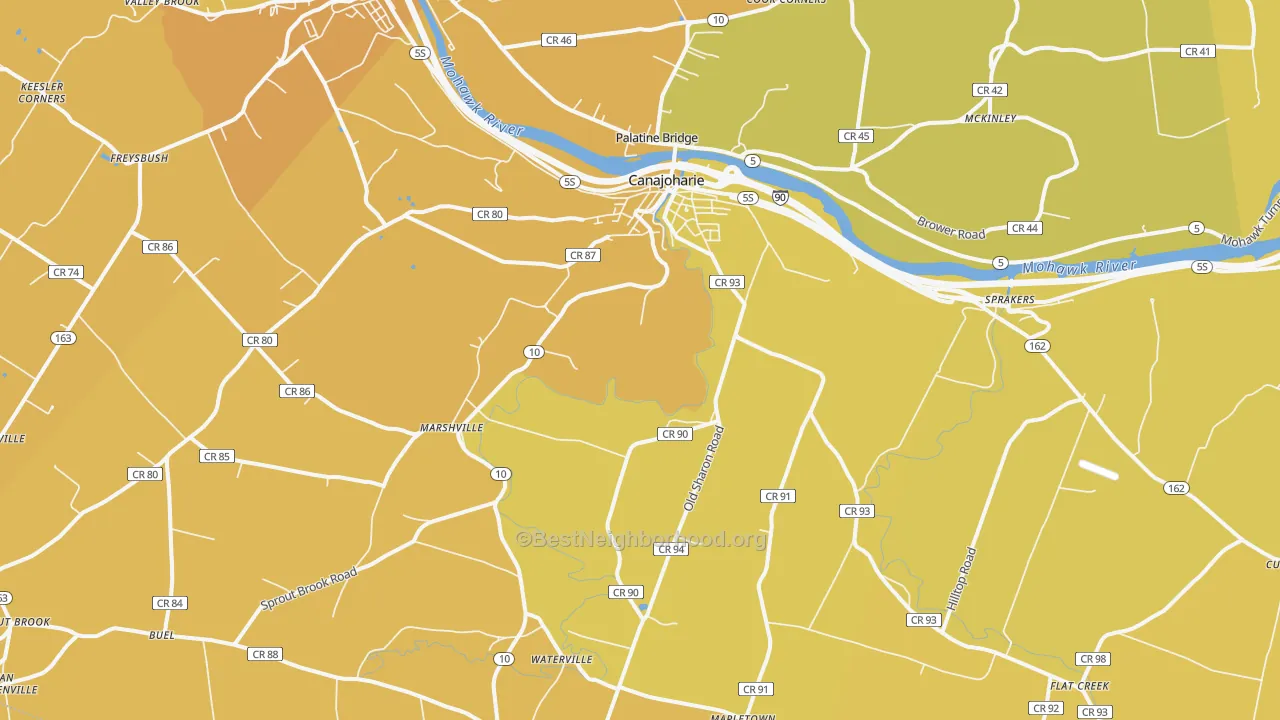 Map of the best neighborhoods in the Canajoharie area, with better matches in green and worse matches in red