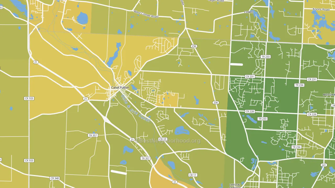 Map of the best neighborhoods in the Canal Fulton area, with better matches in green and worse matches in red