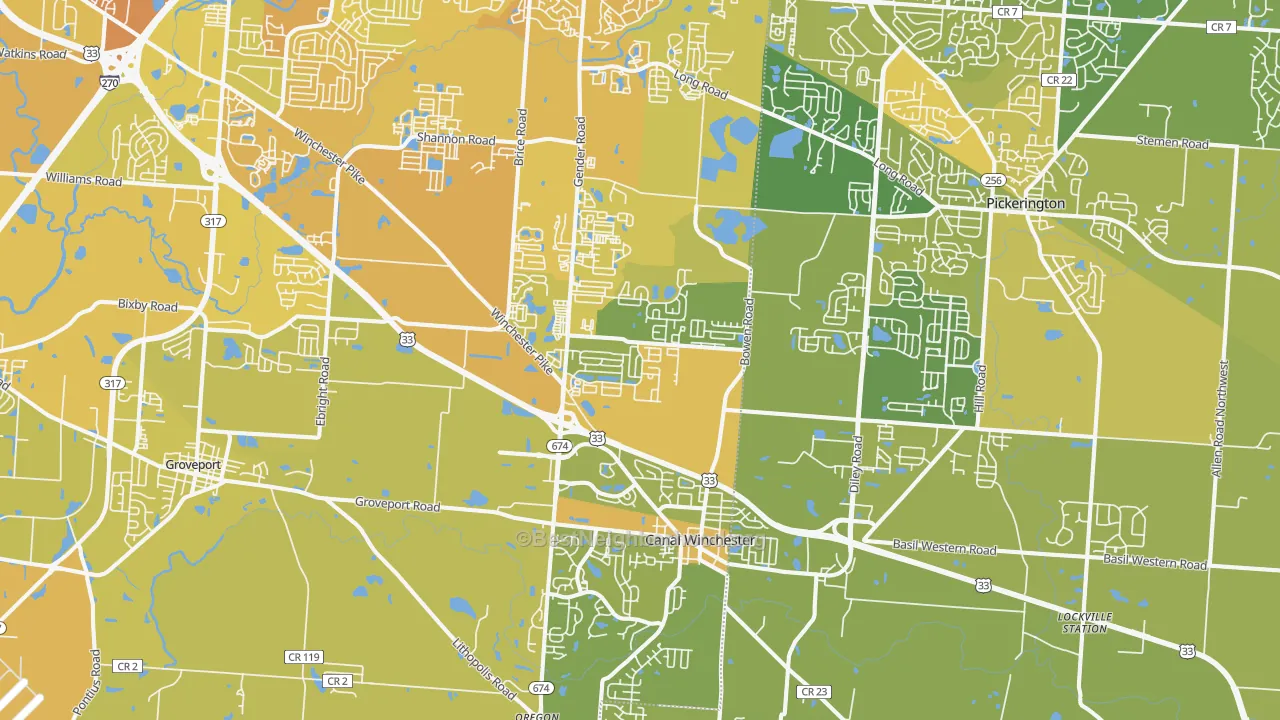Map of the best neighborhoods in the Canal Winchester area, with better matches in green and worse matches in red