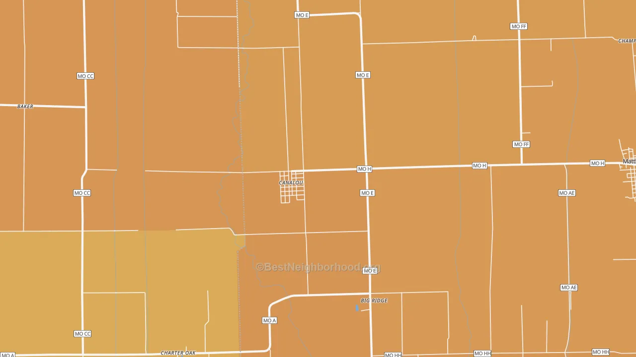 Map of the best neighborhoods in the Canalou area, with better matches in green and worse matches in red