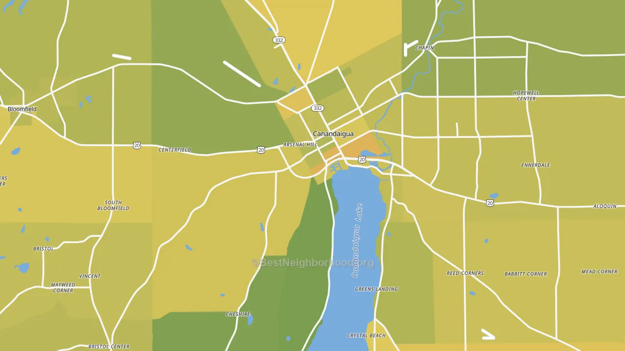 Map of the best neighborhoods in the Canandaigua area, with better matches in green and worse matches in red