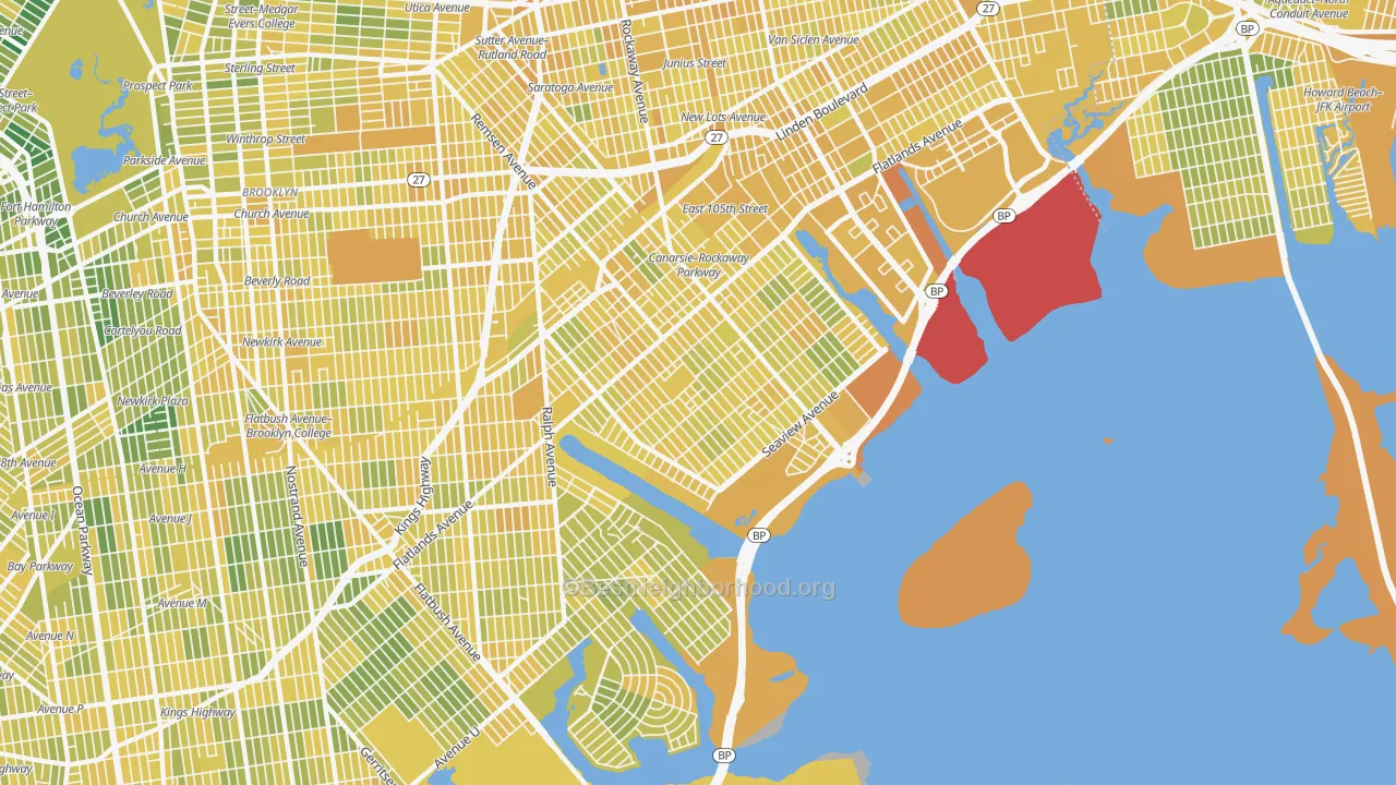 Map of the best neighborhoods in the Canarsie, Brooklyn area, with better matches in green and worse matches in red