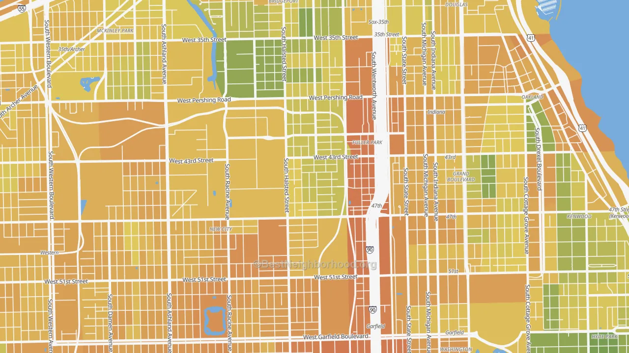 Map of the best neighborhoods in the Canaryville, Chicago area, with better matches in green and worse matches in red