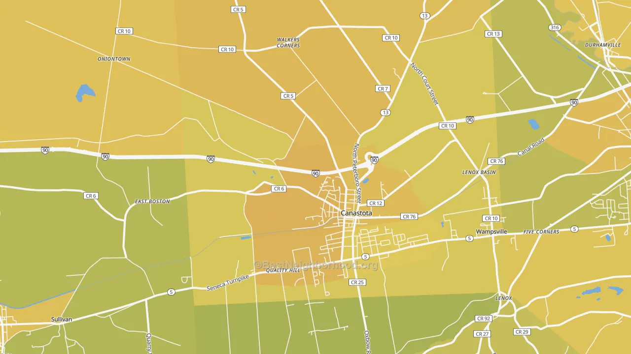 Map of the best neighborhoods in the Canastota area, with better matches in green and worse matches in red