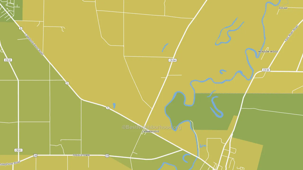 Map of the best neighborhoods in the Canawaugus area, with better matches in green and worse matches in red