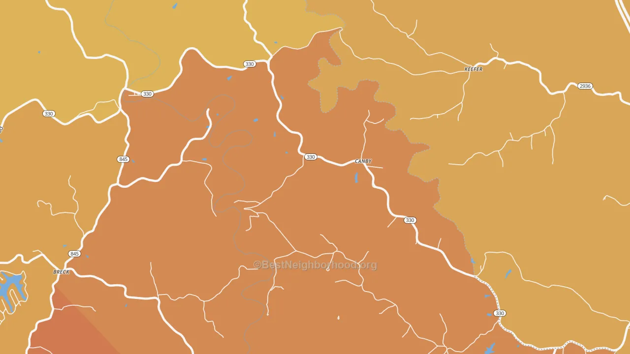 Map of the best neighborhoods in the Canby area, with better matches in green and worse matches in red