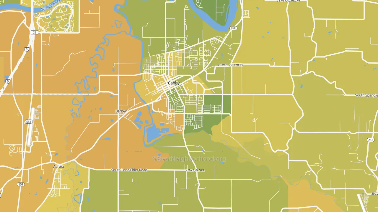 Map of the best neighborhoods in the Canby area, with better matches in green and worse matches in red