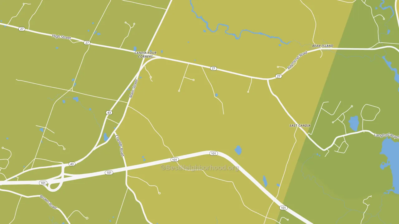Map of the best neighborhoods in the Candia Four Corners area, with better matches in green and worse matches in red