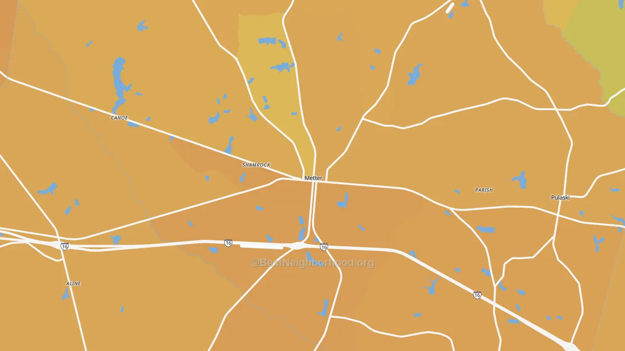 Map of the best neighborhoods in the Candler County area, with better matches in green and worse matches in red