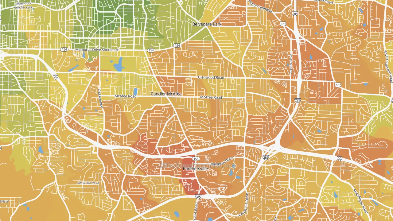 Map of the best neighborhoods in the Candler-McAfee area, with better matches in green and worse matches in red