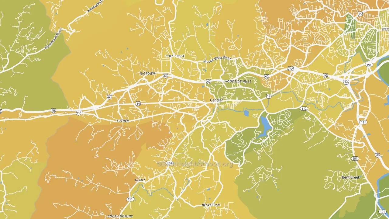Map of the best neighborhoods in the Candler area, with better matches in green and worse matches in red