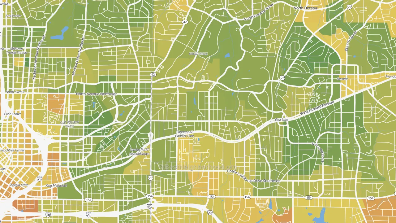 Map of the best neighborhoods in the Candler Park, Atlanta area, with better matches in green and worse matches in red