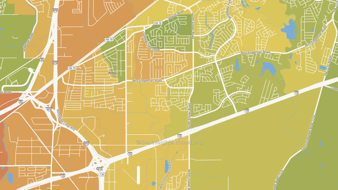 Map of the best neighborhoods in the Candlewood Park, San Antonio area, with better matches in green and worse matches in red